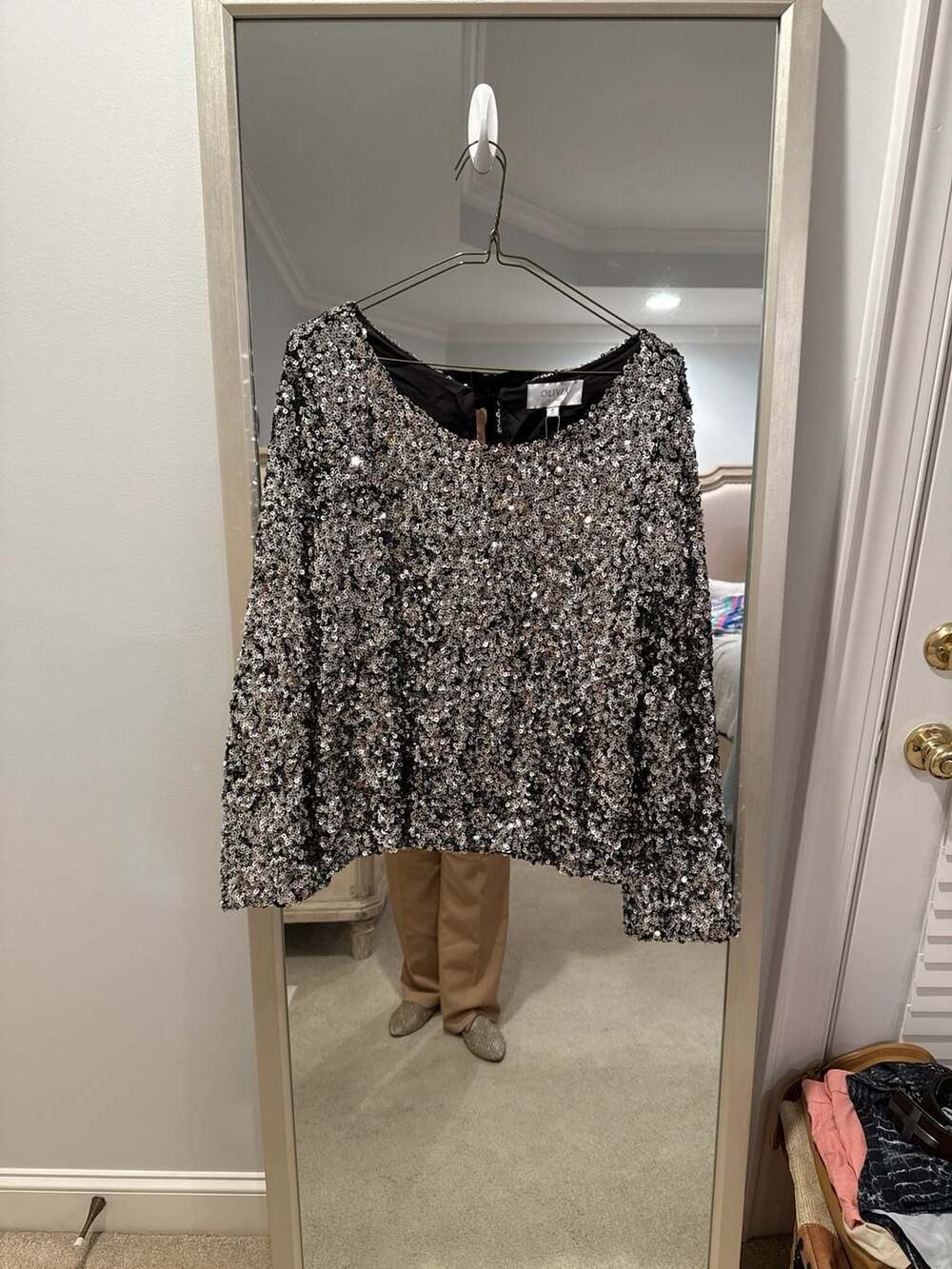 OLIVIA by LIVRO Clara Top Black Sequin Long Sleeve with Back Bow